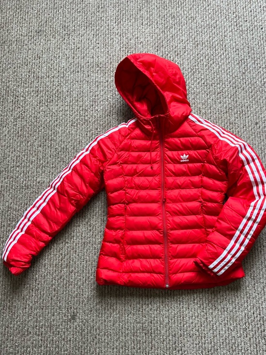 adidas Jackets & Blazers - adidas Red Hooded Quilted Jacket with White 3-Stripes